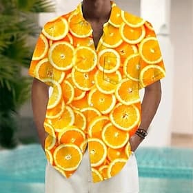 Men's Fruit Optical Illusion Orange Shirt Summer Hawaiian Shirt Button Up Shirt Short Sleeve Hawaiian Vacation Holiday Beach Wear Summer Spring Turndown 3D Pri