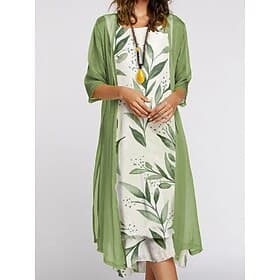 Women's Dress Set Summer Dress Casual Floral Print Midi Dress 3/4 Length Sleeve Crew Neck Daily Outdoor Blue Purple Green Summer Spring Regular Fit