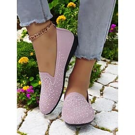 Women's Sparkly Flyknit Flats with Rhinestones – Stylish Slip-On Shoes for Casual Wear  Spring Outings