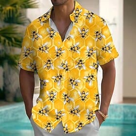 Men's Bee Funny Beehive Shirt Summer Hawaiian Shirt Button Up Shirt Short Sleeve Hawaiian Vacation Holiday Beach Wear Summer Spring Turndown 3D Print Collared