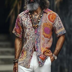 Men's Floral Print Indian Boho Shirt Summer Hawaiian Shirt Button Up Shirt Short Sleeve Hawaiian Vacation Holiday Beach Wear Summer Spring Turndown 3D Print Co