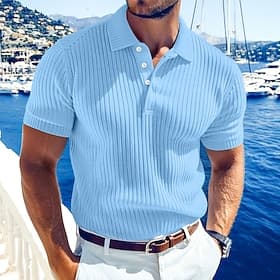 Men's Rib Knit Top Textured Casual Work Lapel Ribbed Polo Collar Short Sleeve Basic Modern Color Block Buttons Knitted Spring Summer Summer Regular Fit White