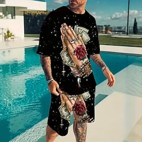 Men's Graphic 2pcs Tees sets Summer Tops Short Sleeve Short Pants Crew Neck Athleisure Casual Daily Crewneck Summer Black