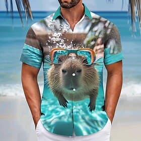 Herren Ozean Lustig Wasserschwein Hemd Sommer Hawaiihemd Knopfhemd Kurzarm Hawaiianisch Resort Urlaub Ferien Strandbekleidung Sommer Frühling Umlegekragen 3D-D