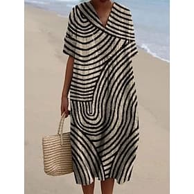Women's Midi Dress Sundress A Line Dress Vacation Casual Beach Party Going out Beach Loose Fit Graphic Geometric Short Sleeve V Neck WhiteBlack dark brown Ash