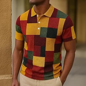 Men's Color Block Waffle Polo Shirts Short Sleeve Polo Shirts Collared Shirts Business Casual Business Athleisure Daily Wear 3D Print Buttons Summer Yellow