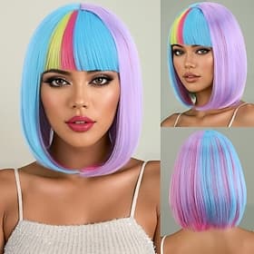 Carnival Wig 2026 Mixed Color kinky Straight Natural Straight 12 inch Synthetic Festival Wig Mardi Gras Parade Cosplay Costume Hair for Women