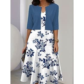 Ensemble de robes pour femmes en deux pièces robe midi avec veste élégante robe en A manches mi-longues robe de soirée semi-formelle imprimé graphique floral e