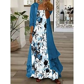 Women's Dress Set Maxi Dress A Line Dress Summer Dress Vacation Boho Floral Graphic Layered Print Maxi Dress 3/4 Length Sleeve Crew Neck Daily Outdoor Blue Sum