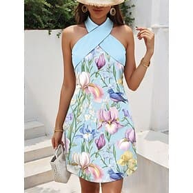 Women's Mini Dress Sundress A Line Dress Vacation Casual Outdoor Going out Regular Fit Floral Graphic Sleeveless Halter Neck Blue Pink Green Summer