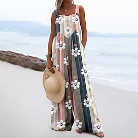Women's Floral Print Dungarees Jumpsuit Streetwear Sleeveless U Neck Pocket Street Daily Regular Fit Pink Navy Blue Light Grey Summer