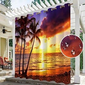 Waterproof Outdoor Curtain Privacy, Sliding Patio Curtain Drapes, Pergola Curtains Grommet 3D Ocean Beach Landscape For Gazebo, Balcony, Porch, Party, 1 Panel