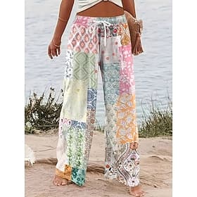 Women's Wide Leg Chinos Baggy Pants Beach Shorts Vacation Vintage Fashion Full Length High Waist Graphic Geometric Paisley Printing Micro-elastic Casual Daily