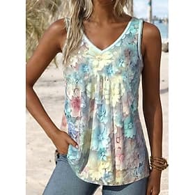 Débardeur Femme Floral Graphique Quotidien Stylé Romantique Sans Manches Col V Hauts Imprimé Bleu Clair Été Printemps