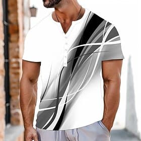 Men's Geometric Pattern Abstract T Shirt Henley Shirt Short Sleeve Sports Fashion Designer Casual Daily Outdoor Summer All Seasons Grey Green Henley Henley T-S