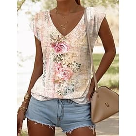 Women's Camisole Tank Top Print Floral Graphic Vintage Casual Sleeveless V Neck Regular Tops Daily Blue Pink Red Purple Green Summer Spring