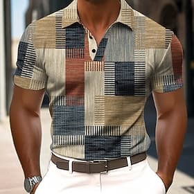 Men's Color Block Polo Short Sleeve Polo Shirts Collared Shirts Business Casual School Outdoor Athleisure Daily Wear 3D Print Summer Brown