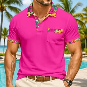 Men's Polo Golf Shirt Casual Holiday Lapel Short Sleeve Fashion Basic Floral Hawaii Patchwork Pocket Summer Spring Regular Fit Black Fuchsia Turquoise Polo
