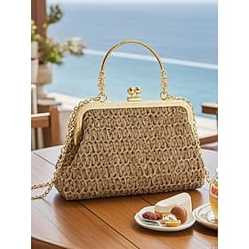 Damenhandtasche aus gewebtem Stroh im Vintage-Stil – elegante Geldbörse mit Kussverschluss und Goldkette, Clutch im Retro-Stil für Strandurlaube, Partys und So