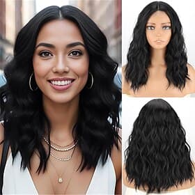 18 Inch Short Wavy Black Wig for Women Medium Length Black Bob Style Synthetic Heat-resistant Natural Realistic Black Hair Wig for Everyday Hairstyle Cosplay P