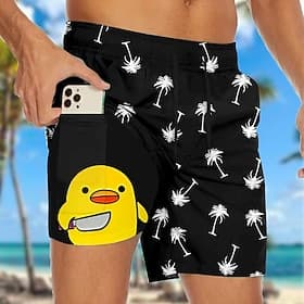 Men's Coconut Tree Funny Duck Lined Shorts 2 in 1 Board Shorts Swim Shorts Mid Waist Hawaiian Vacation Beach Wear Side Pockets With Compression Liner Elastic D thumbnail 2
