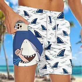 Men's Shark Funny Sea Creatures Lined Shorts 2 in 1 Board Shorts Swim Shorts Mid Waist Hawaiian Vacation Beach Wear Side Pockets With Compression Liner Elastic