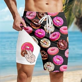 Men's Funny Donuts Lined Shorts 2 in 1 Board Shorts Swim Shorts Mid Waist Hawaiian Vacation Holiday Beach Wear Side Pockets With Compression Liner Elastic Draw