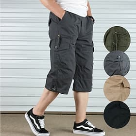 Men's Cargo Shorts Shorts Summer Shorts Drawstring Elastic Waist Multi Pocket Plain Comfort Wearable Calf-Length Outdoor Sport Daily Fashion Casual Black Khaki