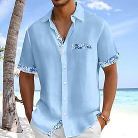 Men's Shirt Linen Shirt Summer Shirt Beach Wear Button Up Shirt Solid Color Casual Beach White Pink Navy Blue Light Blue Short Sleeve Collar Spring  Summer Sum