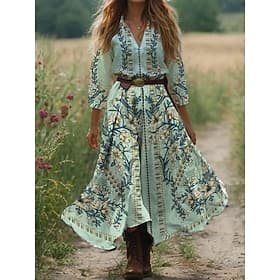 Women's Maxi Dress Boho  Dress Western Dress Vintage Sundress Pleated Dress Vacation Casual  Going out Beach Standard Fit Graphic Paisley 3/4 Length Sleeve V N