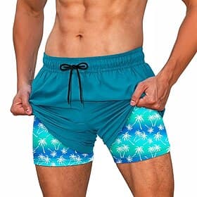 Men's Coconut Tree Palm Leaf Lined Shorts 2 in 1 Board Shorts Swim Shorts Mid Waist Hawaiian Vacation Beach Wear Side Pockets With Compression Liner Elastic Dr