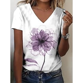 Dame T skjorte Sommertopper Trykt mønster Blomstret Grafisk Klassisk Fritid Kortermet V-hals Crop Tops Daglig Helg Gul Rød Lilla Grønn Lyseblå Sommer Vår Høst