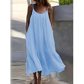 Women's Maxi Dress 100% Cotton Shift Dress Sundress Casual Dress Basic Casual Daily Vacation Regular Fit Plain Sleeveless U Neck Blue Black White Purple Summer