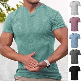 Men's T Shirt Muscle Shirt Ribbed Knit tee Tee Top Short Sleeves V Neck Summer Plain Textured Pit Strip Fashion Designer Sporty Ribbed Vacation Street Casual L