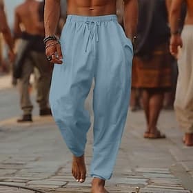Men's Linen Pants Trousers Summer Pants Baggy Pants Beach Pants Drawstring Elastic Waist Wide Leg Plain Comfort Breathable Full Length Outdoor Casual Holiday F