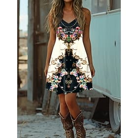 Women's Mini Dress Boho  Dress Western Dress Vintage Sundress A Line Dress Slip Dress Off The Shoulder Dress Vacation Casual Going out Beach Graphic Geometric