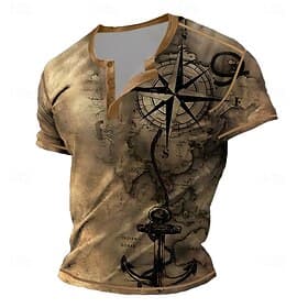 Men's Vintage Compass Henley Shirt Tee Short Sleeve Vintage Fashion Designer Outdoor Casual Daily Summer Spring   Fall Dark Brown Gray Henley Henley T-Shirt