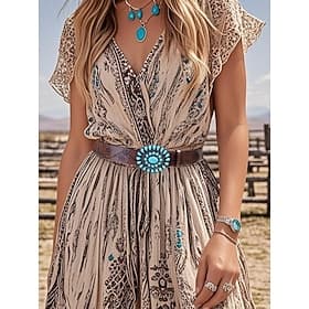 Women's Western Turquoise Concho Belt – Floral Engraved Faux Leather Waist Belt for Rodeo, Festivals, Boho Outfits  Casual Wear