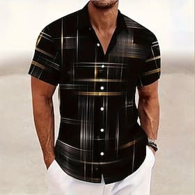 Men's Geometric Grid / Plaid Shirt Button Up Shirt Short Sleeve Fashion Casual Outdoor Vacation Streetwear Summer Spring Turndown 3D Print Collared Shirts Blac