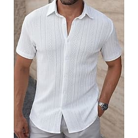 Men's Shirt Summer Shirt Casual Shirt Beach Shirt Button Up Shirt Light Pink Black White Burgundy Beige Short Sleeve Solid / Plain Color Lapel Vacation Hawaiia