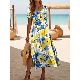 Women's Midi Dress Sundress A Line Dress Vacation Casual Beach Daily Going out Regular Fit Floral Graphic Short Sleeve Crewneck Blue Yellow Pink Purple Summer