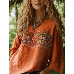Women's Blouse Linen Like Breathable Lightweight Long Sleeve Floral Bohemia Daily Ethnic 3/4 Length Sleeve Crew Neck Boat Neck Daily Holiday Vacation Wear Prin