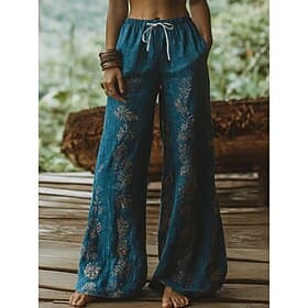 Women's Boho Wide Leg Chinos Baggy Pants Vacation Vintage Ethnic Style Full Length High Waist Floral Graphic Printing Thermal Warm Soft Breathable Micro-elasti