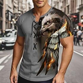 Men's Eagle T Shirt Short Sleeve T shirt 3D Print Lace Up Neck Shirt Exaggerated Designer Street Casual Daily Yellow Blue Purple Summer Spring Clothing Apparel