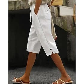Women's Cotton Linen Shorts Capri Pants Slacks Summer Shorts Casual Calf-Length Natural Plain Pocket Elastic Drawstring Design Comfy Outdoor Outdoor Going out