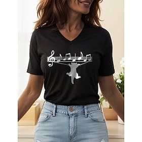 Femmes Chemisier Imprimé Graphique Chat Lettre ancien Élégant Classique Manche Courte Col en V Hauts Réguliers Quotidien Sortir Tenue de plage Noir Blanche Été