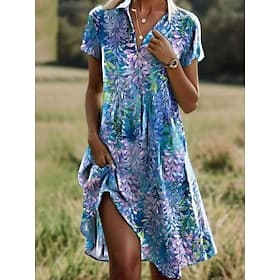 Women's Mini Dress Casual Dress Summer Dress Boho Dress Tribal Daily Vacation Weekend Regular Fit Floral Short Sleeve Shirt Collar Blue Aqua Blue Red Brown Sum