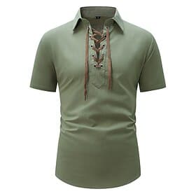 Men's Shirt Linen Shirt Viking Style Summer Shirt Beach Wear Pirate Shirt Solid Color Outdoor Vacation White Sky Blue Green Dark Gray Short Sleeve Shirt Collar