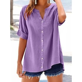 Women's 100% Cotton Blouse Solid Color Elegant Casual Short Sleeve V Neck Regular Tops Daily Holiday Buttons Black Blue Purple Green Beige Summer Spring