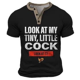 Funny Rooster Pun Men's Graphic T-Shirt: Look At My Tiny, Little Cock Design. Short Sleeve, Henley Collar, Red.